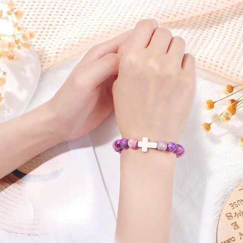 Natural Stone Cross Bracelet Jewelry Bracelets for Teen Teenage Gifts Ideas, First Communion Christian Baptism Birthday Gifts for Teens Girls in Saudi Arabia
