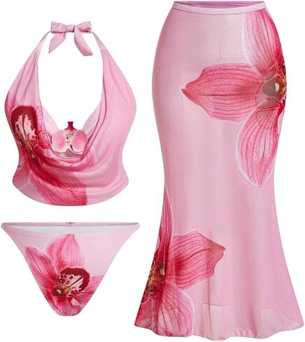 Verdusa Women's Plus Size 3 Piece Boho Halter Bikini Set 3D Floral Swimsuits with Cover Up Skirt in Saudi Arabia