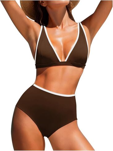 Women's High Waisted Bikini Sets V Neck Color Block Bathing Suits Two Piece Modest Triangle Swimsuits 2026 in Saudi Arabia