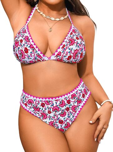 Boho Floral Bikini for Curvy Women, Sexy Halter & High Cut 2-Piece Swimsuit, Plus Summer Beach Vacation Swimwear in Saudi Arabia