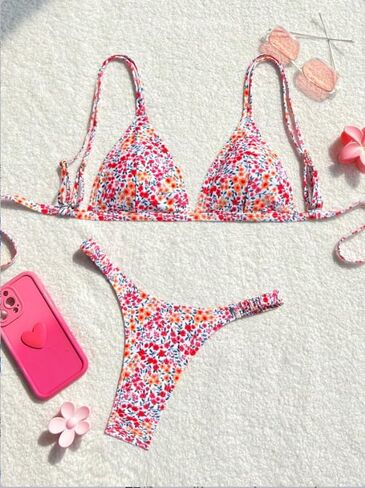 Y2K Cute Floral Print String Bikini for Women, High Leg Triangle Top Two Piece Swimwear, Adjustable V-Thong Beach Vacation Suit in Saudi Arabia