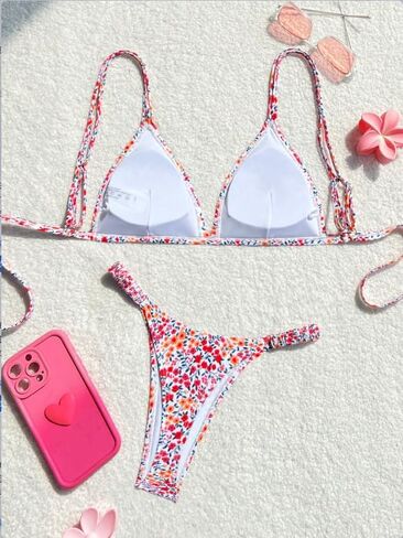 Y2K Cute Floral Print String Bikini for Women, High Leg Triangle Top Two Piece Swimwear, Adjustable V-Thong Beach Vacation Suit in Saudi Arabia