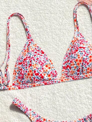Y2K Cute Floral Print String Bikini for Women, High Leg Triangle Top Two Piece Swimwear, Adjustable V-Thong Beach Vacation Suit in Saudi Arabia