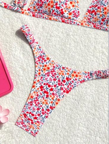 Y2K Cute Floral Print String Bikini for Women, High Leg Triangle Top Two Piece Swimwear, Adjustable V-Thong Beach Vacation Suit in Saudi Arabia
