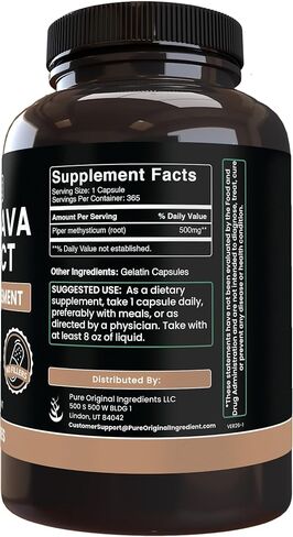 PURE ORIGINAL INGREDIENTS Kava Kava (365 Capsules) No Magnesium Or Rice Fillers, Always Pure, Lab Verified in Saudi Arabia