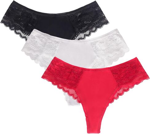 3-piece Lace Underwear Women's Lace Panties Sexy Seamless Lace Underwear, Mid Waist Cheeky Lace Panties in White & Black in Saudi Arabia
