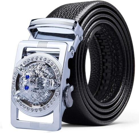 1.38" Luxury Genuine Leather Men’s Dress Belt Wolf-Head Buckle Automatic Ratchet Reversible Gift Box in Saudi Arabia