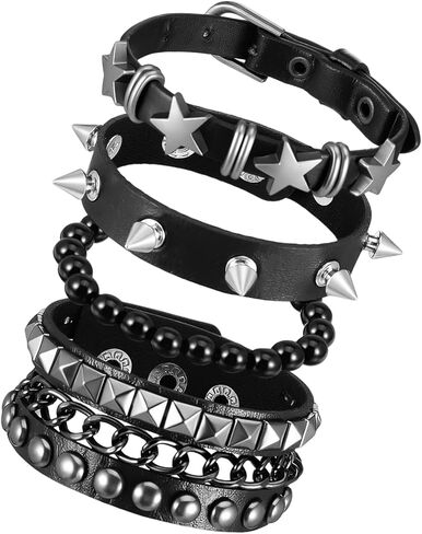 4 Pcs Punk Rock Leather Studded Bracelets Studded Bracelet for Men Women 80s Spike Punk Cuff Grunge Bracelet Adjustable Goth Accessories, Emo Accessories for Rocker Outfits Halloween in Saudi Arabia