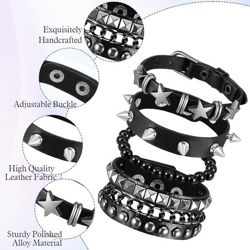 4 Pcs Punk Rock Leather Studded Bracelets Studded Bracelet for Men Women 80s Spike Punk Cuff Grunge Bracelet Adjustable Goth Accessories, Emo Accessories for Rocker Outfits Halloween in Saudi Arabia