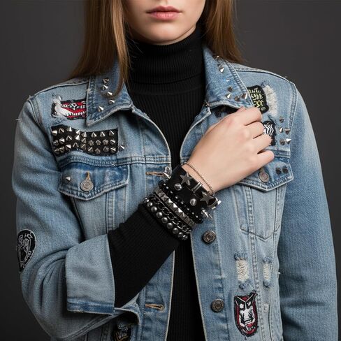 4 Pcs Punk Rock Leather Studded Bracelets Studded Bracelet for Men Women 80s Spike Punk Cuff Grunge Bracelet Adjustable Goth Accessories, Emo Accessories for Rocker Outfits Halloween in Saudi Arabia