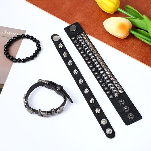 4 Pcs Punk Rock Leather Studded Bracelets Studded Bracelet for Men Women 80s Spike Punk Cuff Grunge Bracelet Adjustable Goth Accessories, Emo Accessories for Rocker Outfits Halloween in Saudi Arabia