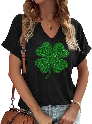 TIXOM St Patrick's Day V Neck Shirts for Womens Irish Shamrock Graphic Tee Funny Lucky Heart Printed Short Sleeve Shirts Tops in Saudi Arabia