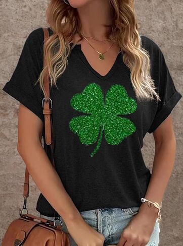 TIXOM St Patrick's Day V Neck Shirts for Womens Irish Shamrock Graphic Tee Funny Lucky Heart Printed Short Sleeve Shirts Tops in Saudi Arabia
