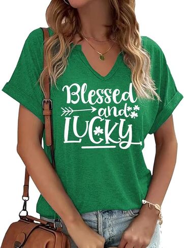 TIXOM St Patrick's Day V Neck Shirts for Womens Irish Shamrock Graphic Tee Funny Lucky Heart Printed Short Sleeve Shirts Tops in Saudi Arabia