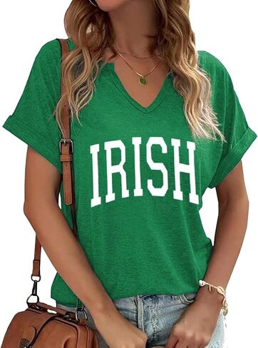TIXOM St Patrick's Day V Neck Shirts for Womens Irish Shamrock Graphic Tee Funny Lucky Heart Printed Short Sleeve Shirts Tops in Saudi Arabia