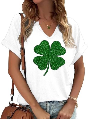 TIXOM St Patrick's Day V Neck Shirts for Womens Irish Shamrock Graphic Tee Funny Lucky Heart Printed Short Sleeve Shirts Tops in Saudi Arabia