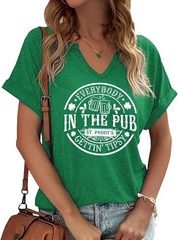 TIXOM St Patrick's Day V Neck Shirts for Womens Irish Shamrock Graphic Tee Funny Lucky Heart Printed Short Sleeve Shirts Tops in Saudi Arabia