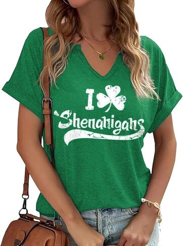 TIXOM St Patrick's Day V Neck Shirts for Womens Irish Shamrock Graphic Tee Funny Lucky Heart Printed Short Sleeve Shirts Tops in Saudi Arabia