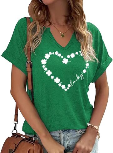TIXOM St Patrick's Day V Neck Shirts for Womens Irish Shamrock Graphic Tee Funny Lucky Heart Printed Short Sleeve Shirts Tops in Saudi Arabia