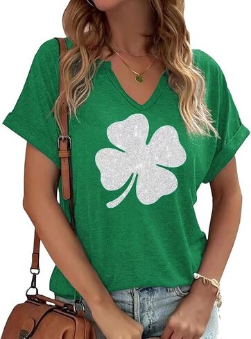 TIXOM St Patrick's Day V Neck Shirts for Womens Irish Shamrock Graphic Tee Funny Lucky Heart Printed Short Sleeve Shirts Tops in Saudi Arabia