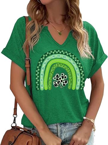 TIXOM St Patrick's Day V Neck Shirts for Womens Irish Shamrock Graphic Tee Funny Lucky Heart Printed Short Sleeve Shirts Tops in Saudi Arabia
