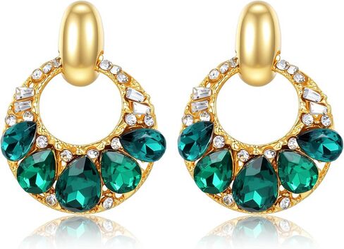 Luxury Crystal Drop Earrings Gold Tone Circular Dangle Earrings with Purple and Green Gemstones Rhinestone Statement Jewelry,1pair/lot in Saudi Arabia