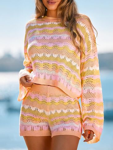 CUPSHE Women's Beach Coverup Shorts Crochet Knit Striped High Waist Cover Up Shorts in Saudi Arabia
