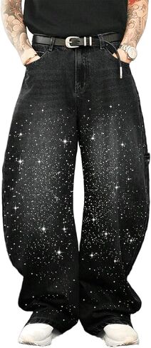 بنطال جينز رجالي سباركلي فضفاض من قماش الدنيم واسع الساق مصنوع من حجر الراين وفضفاض مستقيم من قماش هيب هوب in Kuwait