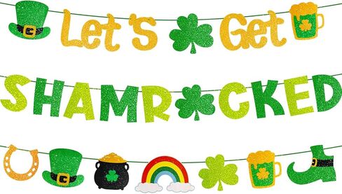 لافتة Let's Get Shamrocked مُثبتة مسبقًا بدون ديكورات عيد القديس باتريك مع تفاصيل لامعة ذهبية 3 قطع ديكور سانت باتريك البرسيم لوازم الحفلات الأيرلندية in Kuwait