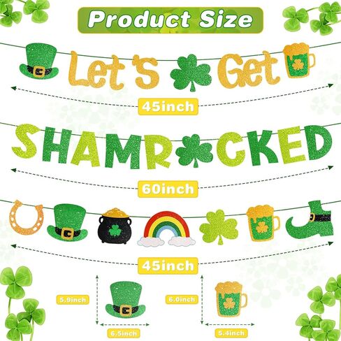 لافتة Let's Get Shamrocked مُثبتة مسبقًا بدون ديكورات عيد القديس باتريك مع تفاصيل لامعة ذهبية 3 قطع ديكور سانت باتريك البرسيم لوازم الحفلات الأيرلندية in Kuwait