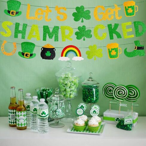 لافتة Let's Get Shamrocked مُثبتة مسبقًا بدون ديكورات عيد القديس باتريك مع تفاصيل لامعة ذهبية 3 قطع ديكور سانت باتريك البرسيم لوازم الحفلات الأيرلندية in Kuwait