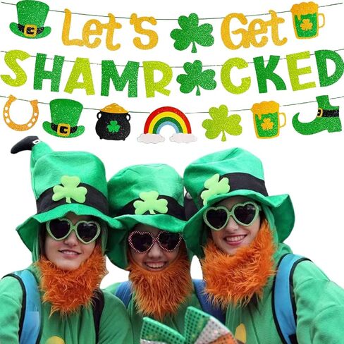 لافتة Let's Get Shamrocked مُثبتة مسبقًا بدون ديكورات عيد القديس باتريك مع تفاصيل لامعة ذهبية 3 قطع ديكور سانت باتريك البرسيم لوازم الحفلات الأيرلندية in Kuwait