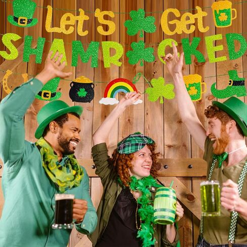 لافتة Let's Get Shamrocked مُثبتة مسبقًا بدون ديكورات عيد القديس باتريك مع تفاصيل لامعة ذهبية 3 قطع ديكور سانت باتريك البرسيم لوازم الحفلات الأيرلندية in Kuwait