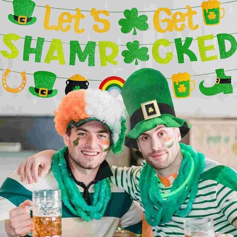 لافتة Let's Get Shamrocked مُثبتة مسبقًا بدون ديكورات عيد القديس باتريك مع تفاصيل لامعة ذهبية 3 قطع ديكور سانت باتريك البرسيم لوازم الحفلات الأيرلندية in Kuwait