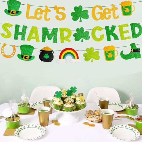 لافتة Let's Get Shamrocked مُثبتة مسبقًا بدون ديكورات عيد القديس باتريك مع تفاصيل لامعة ذهبية 3 قطع ديكور سانت باتريك البرسيم لوازم الحفلات الأيرلندية in Kuwait