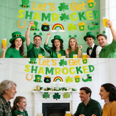 لافتة Let's Get Shamrocked مُثبتة مسبقًا بدون ديكورات عيد القديس باتريك مع تفاصيل لامعة ذهبية 3 قطع ديكور سانت باتريك البرسيم لوازم الحفلات الأيرلندية in Kuwait