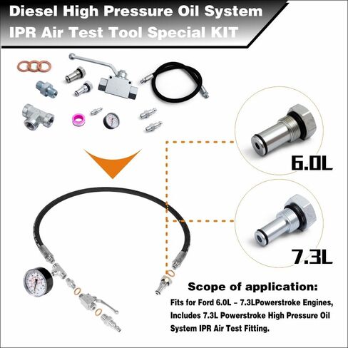 مجموعة أدوات اختبار الهواء لنظام الزيت عالي الضغط الاحترافي IPR لسيارة Ford 6.0L-7.3L Powerstroke Diesel، هيكل فولاذي فضي، معدات تشخيصية مع مقياس الضغط in Kuwait