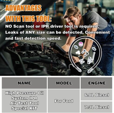مجموعة أدوات اختبار الهواء لنظام الزيت عالي الضغط الاحترافي IPR لسيارة Ford 6.0L-7.3L Powerstroke Diesel، هيكل فولاذي فضي، معدات تشخيصية مع مقياس الضغط in Kuwait