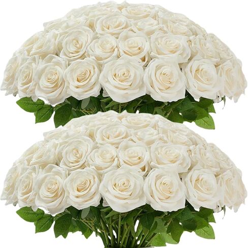 100 Pcs White Rose Artificial Flowers Bulk, Ivory Silk Fake Roses with Long Stem for Wedding Decoration, Bridal Bouquets, DIY Flower Wall, Party Table Centerpieces, Home Decor in Saudi Arabia