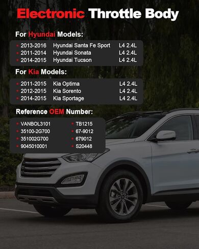 جسم خانق إلكتروني متوافق مع 2013-2016 Santa Fe Sport، 2011-2014 Sonata، 2011-2015 Kia Optima، 2012-2015 Sorento، 2014-2015 Sportage Tucson L4 2.4L استبدال 351002G700 TB1215 in Saudi Arabia