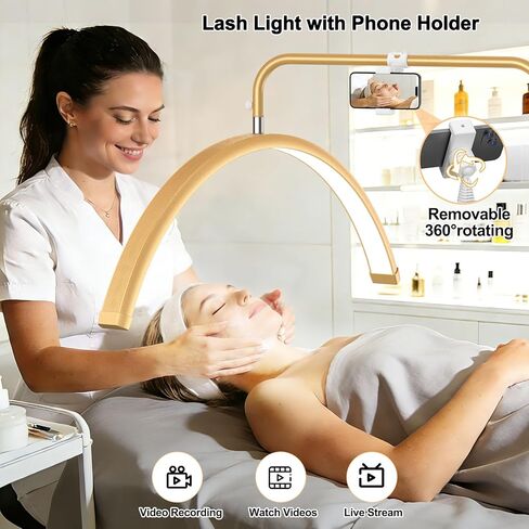 AURELLE 28" ضوء نصف قمر - مصباح رموش مع مكبر 4X، حامل هاتف، ضوء رموش لتقنية الرموش، الوشم، فن الأظافر، العناية بالبشرة، الصالون، سطوع قابل للتعديل وارتفاع، رأس دوار، ذهبي in Kuwait