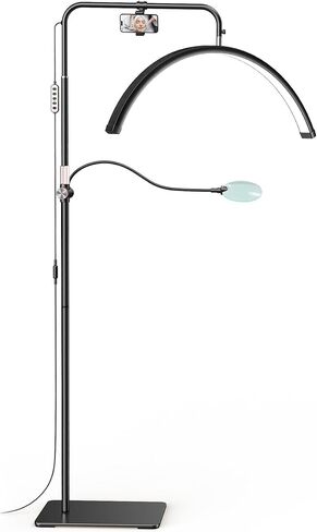 AURELLE 28" ضوء نصف قمر - مصباح رموش مع مكبر 4X، حامل هاتف، ضوء رموش لتقنية الرموش، الوشم، فن الأظافر، العناية بالبشرة، الصالون، سطوع قابل للتعديل وارتفاع، رأس دوار، ذهبي in Kuwait