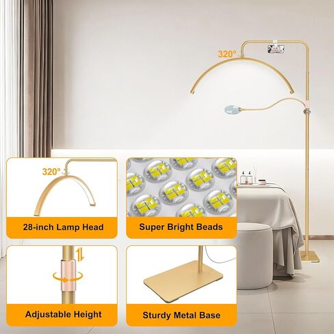 AURELLE 28" ضوء نصف قمر - مصباح رموش مع مكبر 4X، حامل هاتف، ضوء رموش لتقنية الرموش، الوشم، فن الأظافر، العناية بالبشرة، الصالون، سطوع قابل للتعديل وارتفاع، رأس دوار، ذهبي in Kuwait