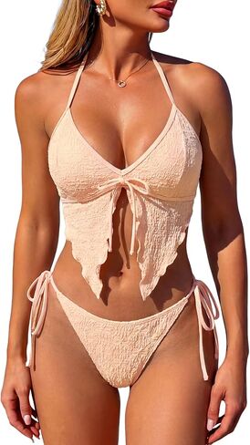 ZAFUL Women's Halter Bikini Sets V Neck Textured Triangle String High Cut Tie Side Bathing Suit 2 Piece Swimsuits in Saudi Arabia