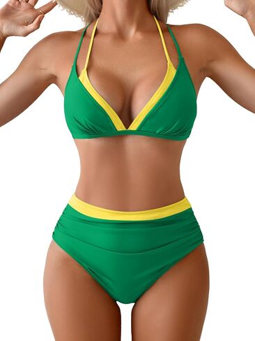 Bikini Sets for Women Halter Color Block Two Piece Swimsuit Tummy Control Bathing Suit V Neck Tie Back Swimwear in Saudi Arabia