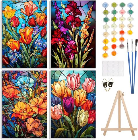 4 Pack Paint by Number Kit for Adults Framed Canvas, DIY Adult Paint by Number Kits with Easel, Acrylic Easy Paint by Numbers for Beginners, Flower Vase Arts and Crafts for Home Decor 8x12inch in Kuwait
