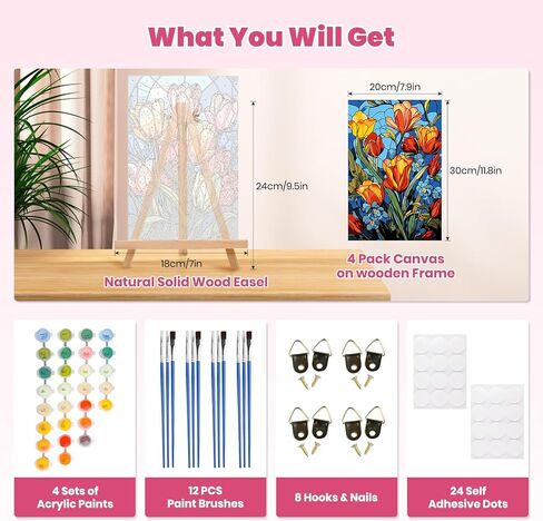 4 Pack Paint by Number Kit for Adults Framed Canvas, DIY Adult Paint by Number Kits with Easel, Acrylic Easy Paint by Numbers for Beginners, Flower Vase Arts and Crafts for Home Decor 8x12inch in Kuwait