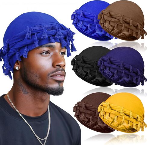 6 Pack Satin Lined Turban for Men, Silky Pre-Tied Head Wraps – Hair Protection Sleep Cap for Waves, Braids in Saudi Arabia