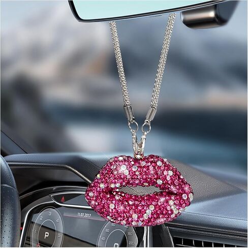Bling Lip Car Rear View Mirror Charm, Lip Diamond Cute Automotive Rear View Mirror Hanging Ornament, Glitter Rhinestone Charm Pendant Vehicle Interior Decoration for Women (White) in Saudi Arabia