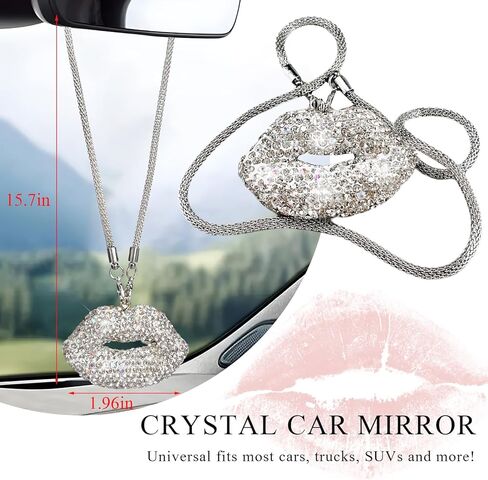 Bling Lip Car Rear View Mirror Charm, Lip Diamond Cute Automotive Rear View Mirror Hanging Ornament, Glitter Rhinestone Charm Pendant Vehicle Interior Decoration for Women (White) in Saudi Arabia
